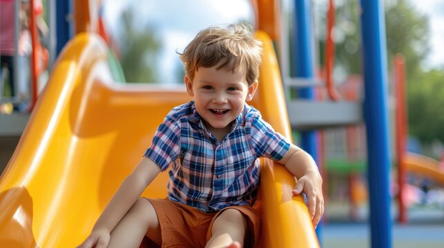 Naklejki Happy child boy playing on a slide on the playground.