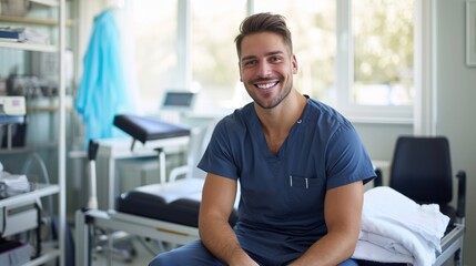 Smiling young physiotherapist man sitting on stretcher in medical clinic. - obrazy, fototapety, plakaty