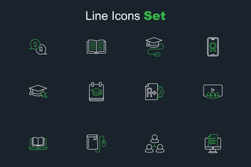 Set line Online quiz, test, survey, class, Electronic book with mouse, Exam sheet A plus grade, education and Graduation cap cursor icon. Vector
