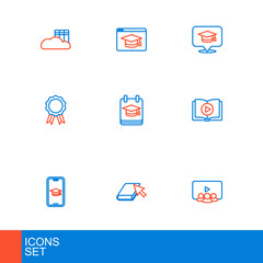 Set line Online class, book, Graduation cap on mobile, Audio, education with diploma, speech bubble and icon. Vector