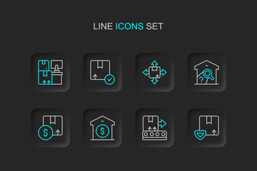 Set line Delivery security with shield, Conveyor belt box, Warehouse price, Carton cardboard, check, and boxes icon. Vector