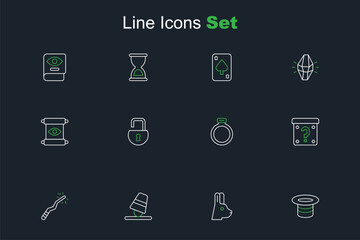 Set line Magic hat, Rabbit with ears, Game thimbles, wand, Mystery box, stone ring, Open padlock and scroll icon. Vector