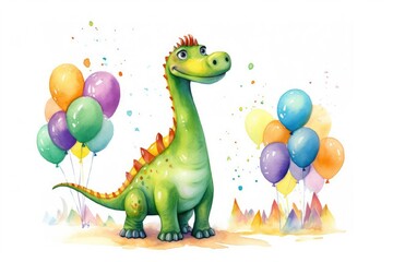 Watercolor illustration of cute dinosaur with colorful balloons. Greeting birthday card, poster, banner for children.