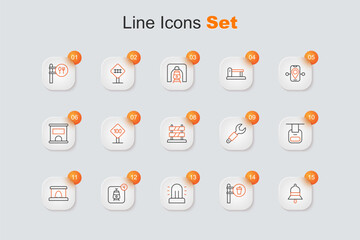 Set line Train station bell, Cafe and restaurant location, Flasher siren, Online ticket booking, Railway tunnel, Cable car, Wrench spanner and End of railway tracks icon. Vector