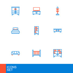 Set line Library bookshelf, Baby crib cradle bed, Sofa, TV table stand, Big, Lamp hanging, Coat and icon. Vector