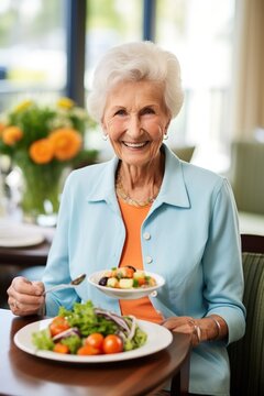 An elderly woman is eating a salad