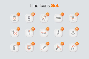 Set line Tooth with caries and drill, Dental mirror probe, Tube of toothpaste, protection, Syringe, Electric toothbrush and Safety goggle glasses icon. Vector