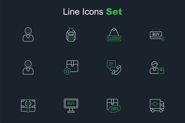 Set line Delivery cargo truck, Cardboard box with free symbol, Buy button, Stacks paper money cash, Buyer, Telephone 24 hours support, Carton cardboard and Angry customer icon. Vector