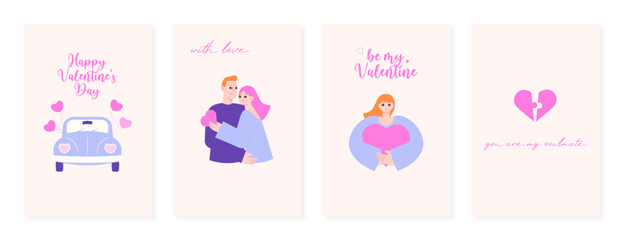 Set of Valentines day cards. Happy valentine's day background. February 14. Simple greeting cards with characters, car, hearts, balloons. Valentines day posters collection in flat style