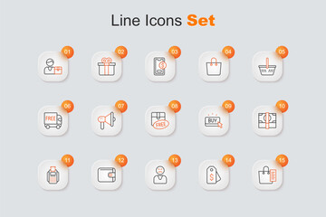 Set line Shopping list, Price tag with dollar, Angry customer, Wallet, POS terminal, Stacks paper money cash, Buy button and Cardboard box free symbol icon. Vector