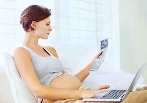 Pregnant woman, laptop and ultrasound image in home with relax wellness and excited on prenatal care in bedroom. Person, love or sonogram photo with technology on bed, fetus growth or development