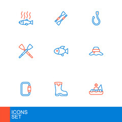 Set line Fisherman in boat, Fishing boots, Carabiner, hat, Crossed oars or paddles, hook and Oars icon. Vector