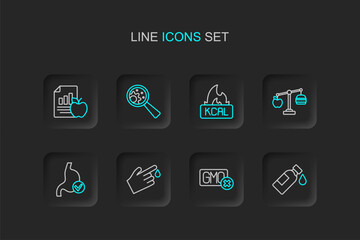 Set line Bottle of water, No GMO, Finger blood, Human stomach health, Calorie calculator, Kcal, and Diet plan icon. Vector