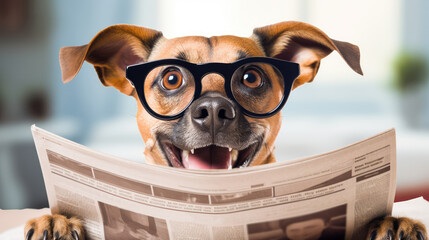 shocked dog reading a newspaper - obrazy, fototapety, plakaty