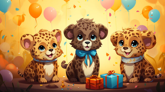 cartoon drawings Birthday party for cute leopard cubs and friends. Fun, pastel colors.