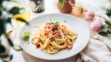 White plate of italian pasta on a kitchen table