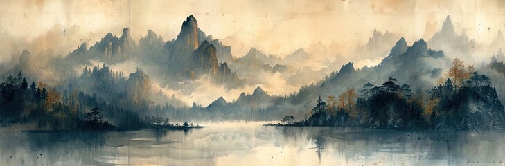Chinese watercolor painting on wash paper with mountain, fog and trees - obrazy, fototapety, plakaty