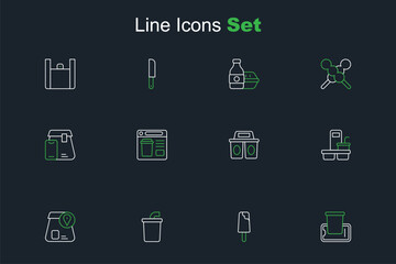 Set line Food ordering on mobile, Ice cream, Paper glass with water, Online food, Coffee cup to go, and icon. Vector