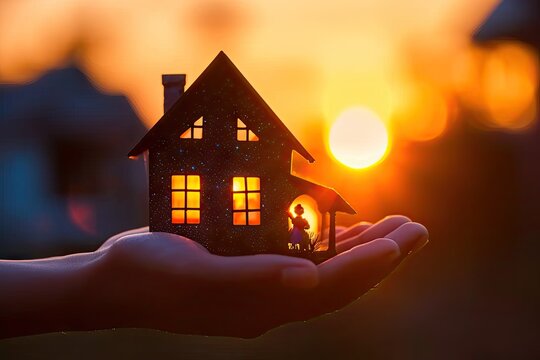 Dream home concept. Holding model house in hand symbolizing real estate investment property ownership and pursuit of sweet family lifestyle