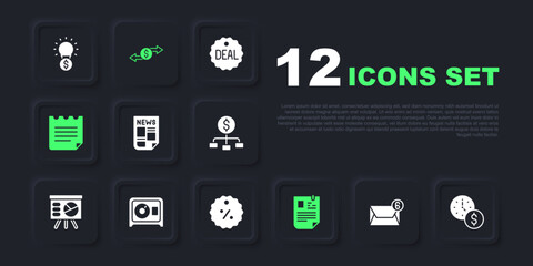 Set Mail and e-mail, Time is money, News, Resume, Notebook, Safe, Money exchange and Discount percent tag icon. Vector