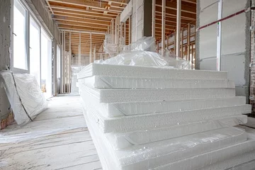 Fotobehang Sheets of expanded polystyrene for house thermal insulation during constructions © Lubos Chlubny