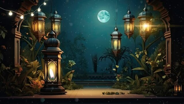 animated decoration ramadan night with lantern bakcground.  cartoon style. seamless looping time-lapse virtual 4k video animation 