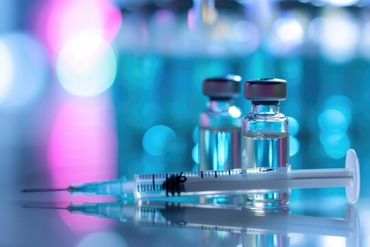 Vaccination concept with syringe and bottles of vial with copy space