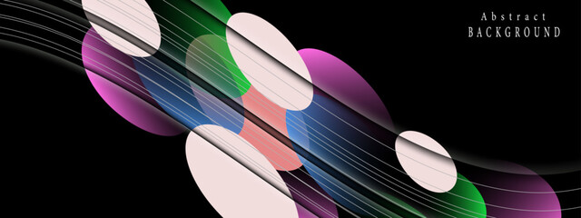 Abstract geometrical shapes with deep colorful round elements on a dark background. Vector graphic illustration.