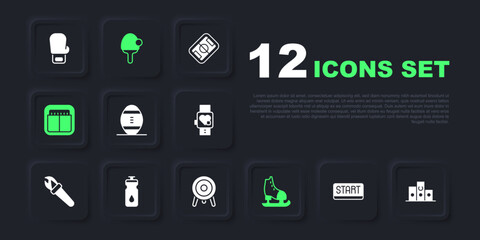 Set Ribbon in finishing line, Award over sports winner podium, American Football ball, Skates, Sport mechanical scoreboard, Fitness shaker, Racket and Target icon. Vector