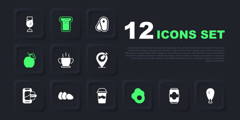 Set Soda can, Chicken leg, Bowl of hot soup, Scrambled egg, Plum fruit, Bread toast and Coffee cup go icon. Vector