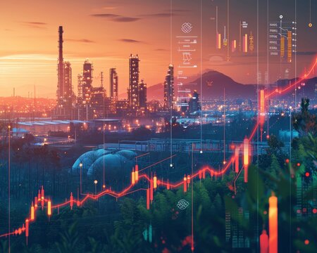 Economic Growth Visual Concept with Dynamic Cityscape, Sustainable Economic Ecosystem Featuring Diverse Sectors, Dynamic Cityscape and Connected Economy Progress in Agriculture, Technology, and Factor
