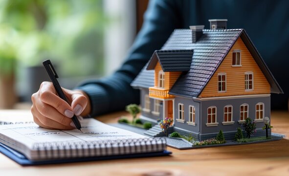 Woman writes on notebook next to toy house model, accountability image