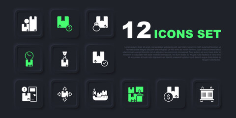 Set Carton cardboard box, Container, Crane with, Warehouse boxes, Cardboard clock, and Cargo ship delivery icon. Vector