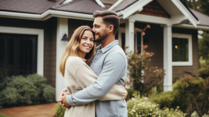 Fototapeta premium A happy couple stands smiling in the driveway of a new house.