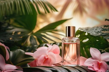 Pink bottle with beauty products among green leaves. Natural organic skin care.
