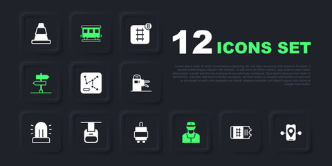 Set Train ticket, Route location, Railway map, conductor, Road traffic sign, Cable car, Passenger train cars and Suitcase icon. Vector