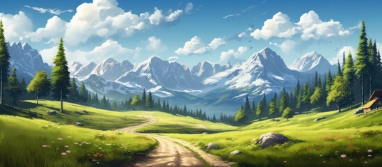 Country road in the summer surrounded by rocky mountains and forest. - obrazy, fototapety, plakaty