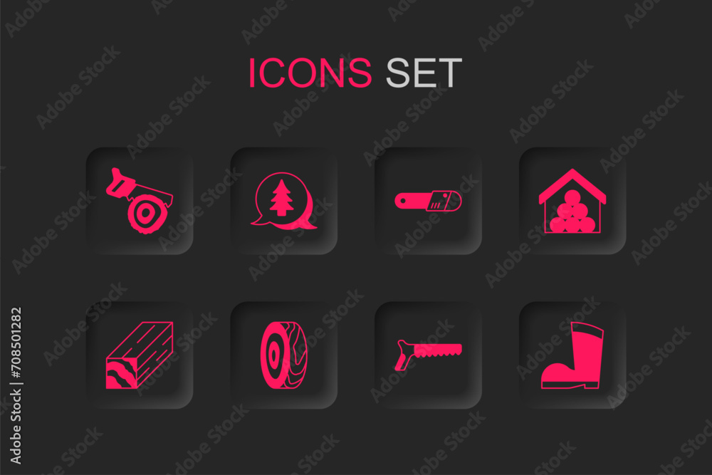 Sticker Set Tree rings, Hand saw and log, Wooden logs, Waterproof rubber boot, Chainsaw and beam icon. Vector