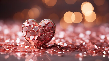 Glitter pink heart made of small hearts on a shiny pink background. Concept of Valentine day or love