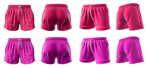 2 Set of magenta purple pink, unisex running sports shorts boxer bottom, front, back and side view on transparent background cutout, PNG file. Mockup template for artwork graphic design.
