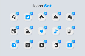 Set Weather forecast app, Sun and cloud weather, Water drop, Compass north, Fahrenheit, Thermometer, Acid rain radioactive and Solar energy panel icon. Vector