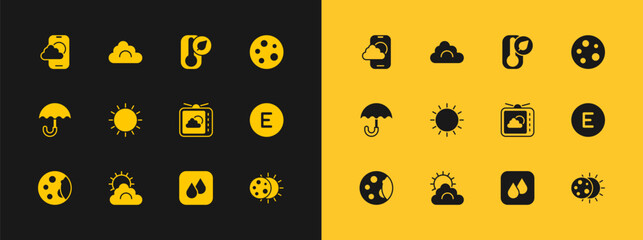 Set Moon, Sun and cloud weather, Weather forecast, Water drop, Thermometer, app and Cloud icon. Vector