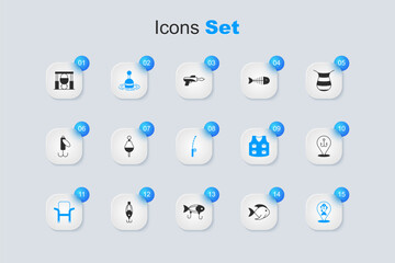 Set Fish, Fishing float, water, Camping folding chair, Location fishing, hook, Campfire and pot and rod icon. Vector