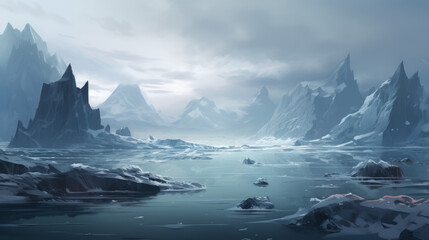 Fototapeta na wymiar Desolate coastal scene with colossal icebergs grounded near the shore