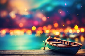 Colorful boat on the river with blurred defocused background