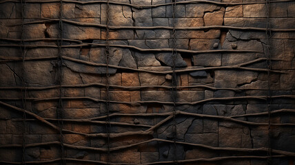 wooden damaged wall with metal rods reinforcement - obrazy, fototapety, plakaty