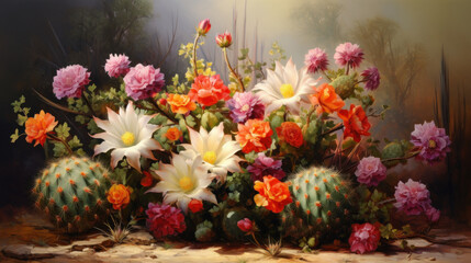 Elegance of flowering cacti in a botanical garden setting