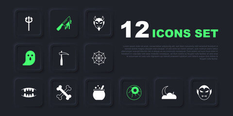 Set Moon and stars, Vampire, Scythe, Eye, Ghost, Crossed bones, Bloody knife and Halloween witch cauldron icon. Vector