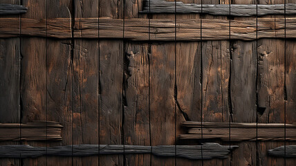wooden damaged wall with metal rods reinforcement - obrazy, fototapety, plakaty