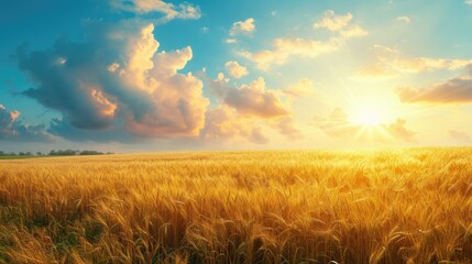 A waving wheat farm, sunny sky - obrazy, fototapety, plakaty